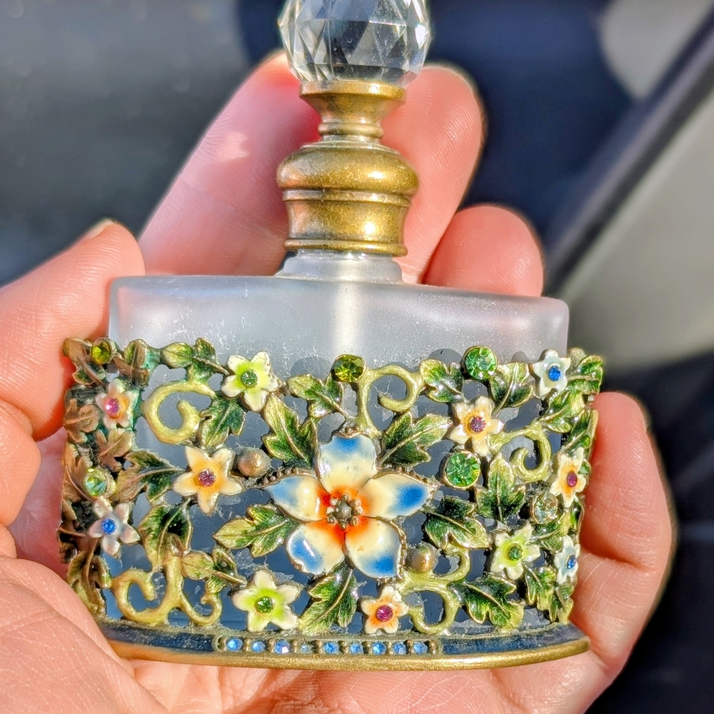 1930s Brass Perfume Bottle With Crystal